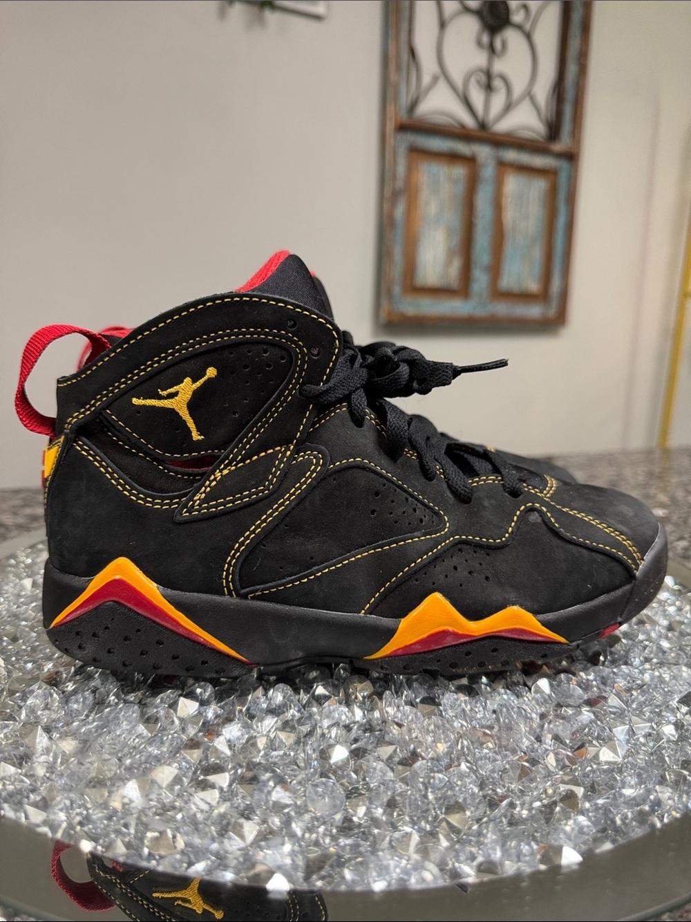 Jordan retro 7 Black High-Top Sneaker with Yellow and Red Accents EUC